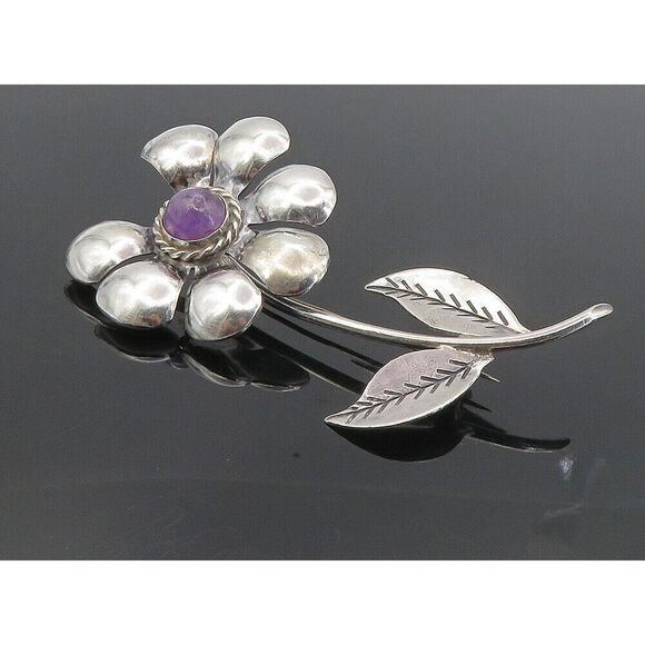 MEXICO 925 Silver Vintage Amethyst Loves Me Loves Me Not Brooch Pin BP3288